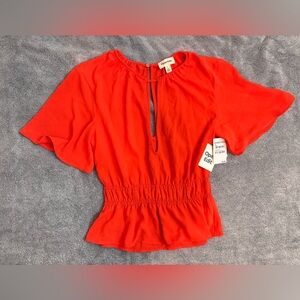 Open Edit NWT Orange Cherry Keyhole Blouse Small Flutter Sleeve